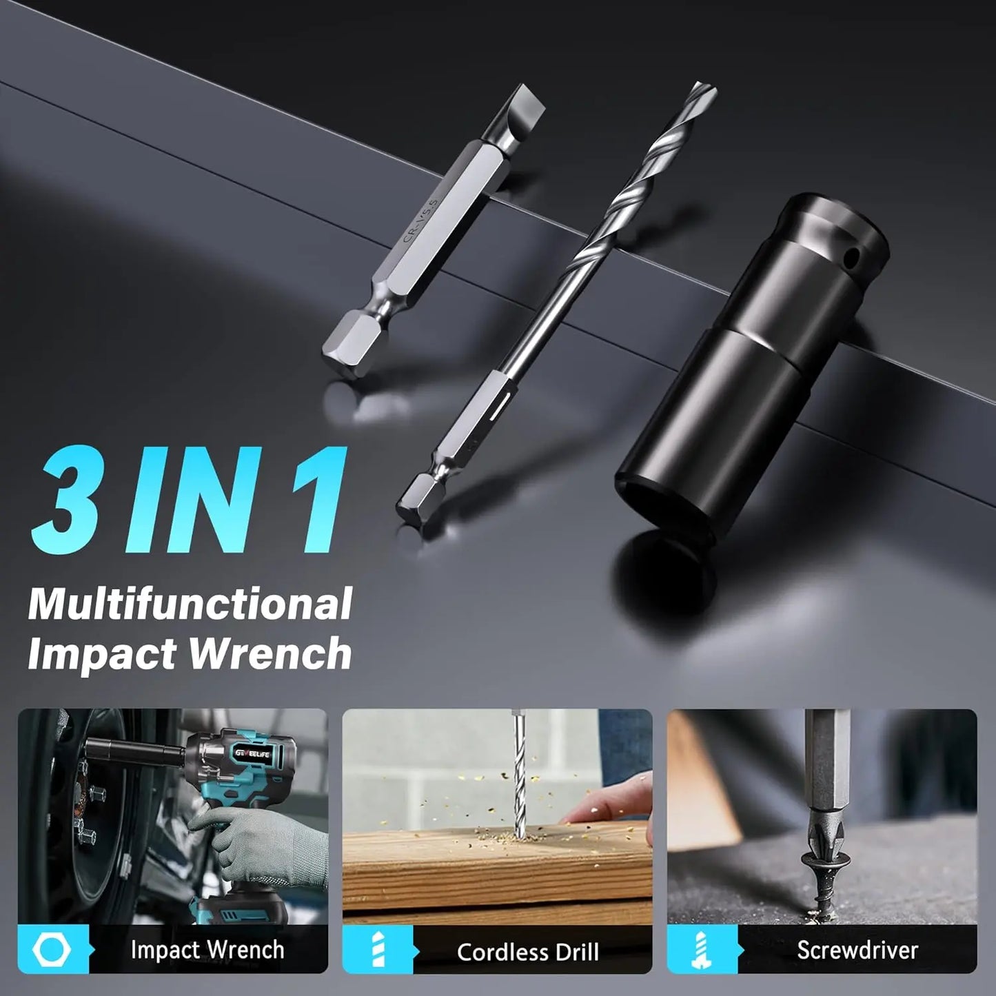 GEVEELIFE 750Nm 3 in 1 Brushless Impact Wrench 1/2" Cordless 3300RPM, 2×4.0Ah Batteries, 6 Sockets Car DIY Furniture Lawn Mower