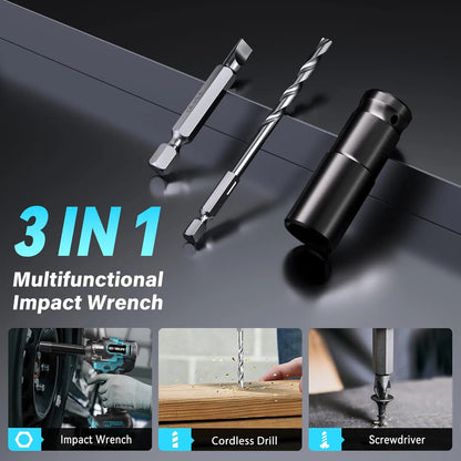 GEVEELIFE 750Nm 3 in 1 Brushless Impact Wrench 1/2" Cordless 3300RPM, 2×4.0Ah Batteries, 6 Sockets Car DIY Furniture Lawn Mower