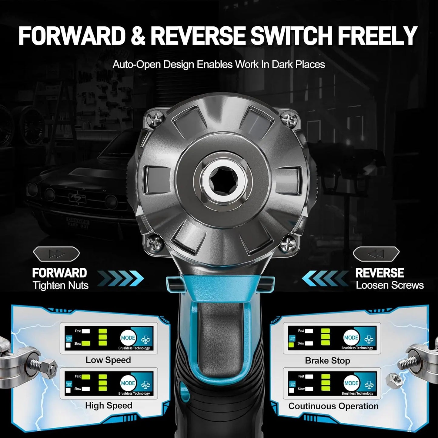 GEVEELIFE 750Nm 3 in 1 Brushless Impact Wrench 1/2" Cordless 3300RPM, 2×4.0Ah Batteries, 6 Sockets Car DIY Furniture Lawn Mower