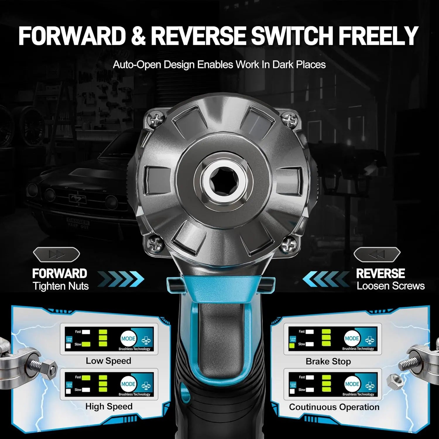 GEVEELIFE 750Nm 3 in 1 Brushless Impact Wrench 1/2" Cordless 3300RPM, 2×4.0Ah Batteries, 6 Sockets Car DIY Furniture Lawn Mower