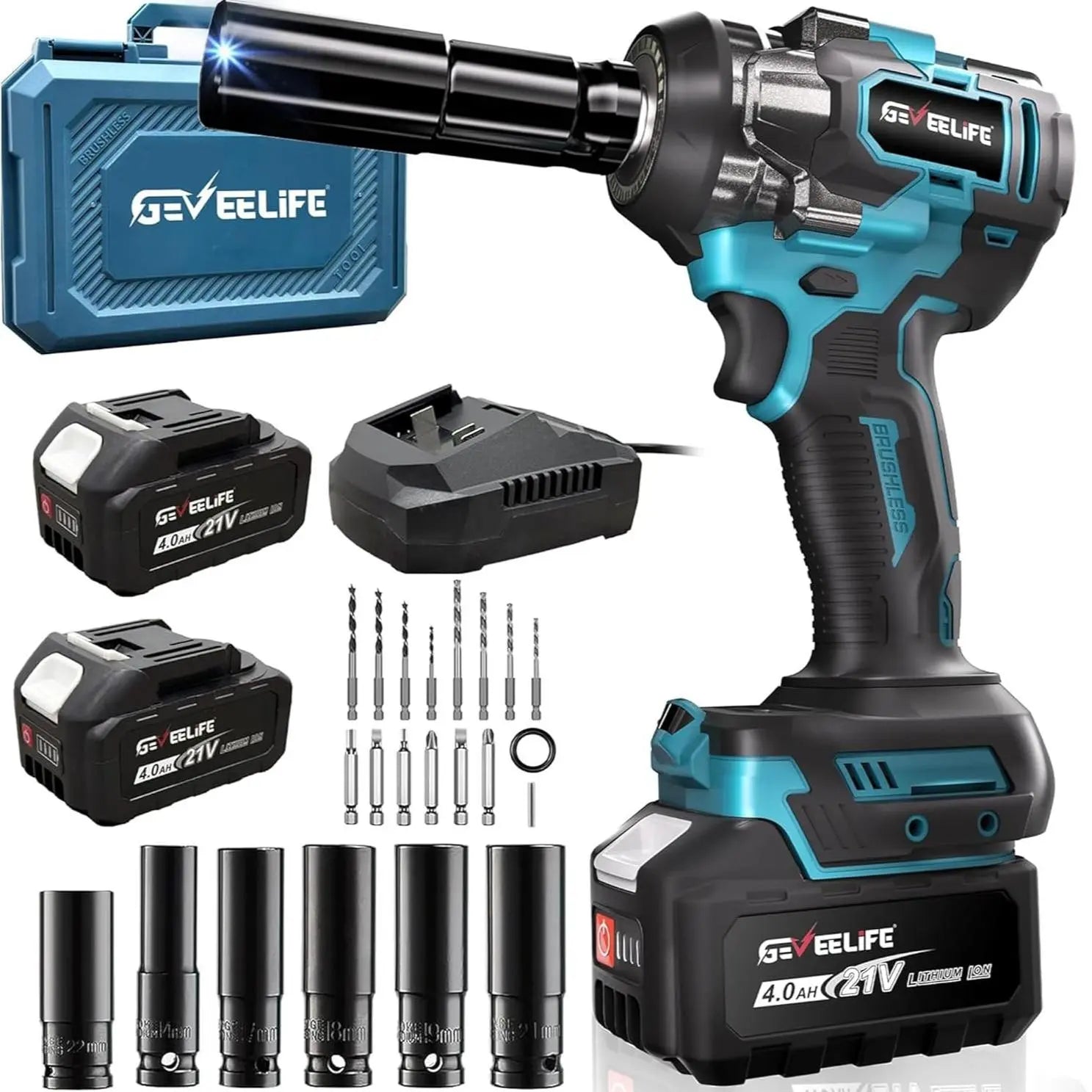 GEVEELIFE 750Nm 3 in 1 Brushless Impact Wrench 1/2" Cordless 3300RPM, 2×4.0Ah Batteries, 6 Sockets Car DIY Furniture Lawn Mower