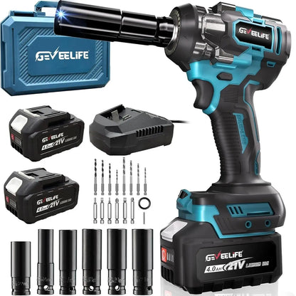 GEVEELIFE 750Nm 3 in 1 Brushless Impact Wrench 1/2" Cordless 3300RPM, 2×4.0Ah Batteries, 6 Sockets Car DIY Furniture Lawn Mower