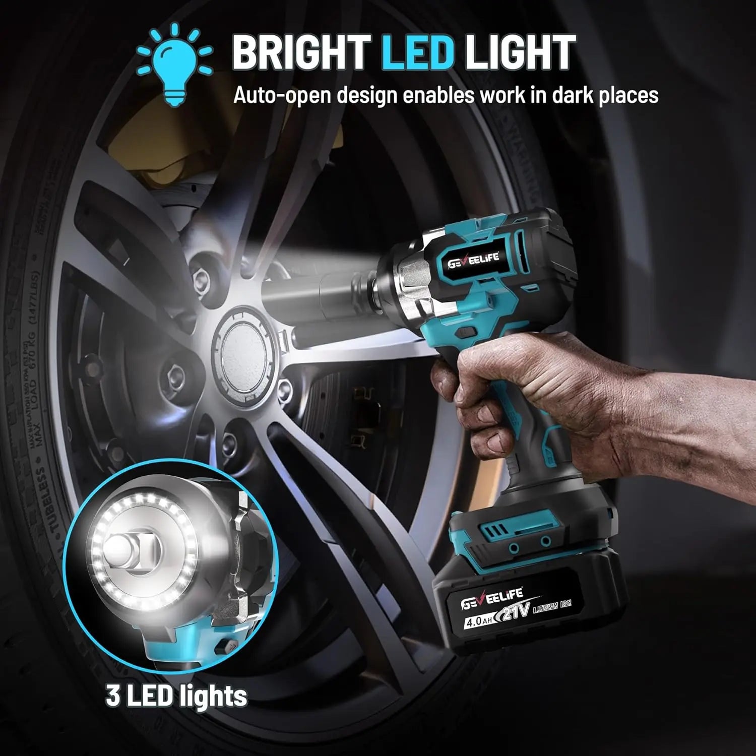 GEVEELIFE 750Nm 3 in 1 Brushless Impact Wrench 1/2" Cordless 3300RPM, 2×4.0Ah Batteries, 6 Sockets Car DIY Furniture Lawn Mower